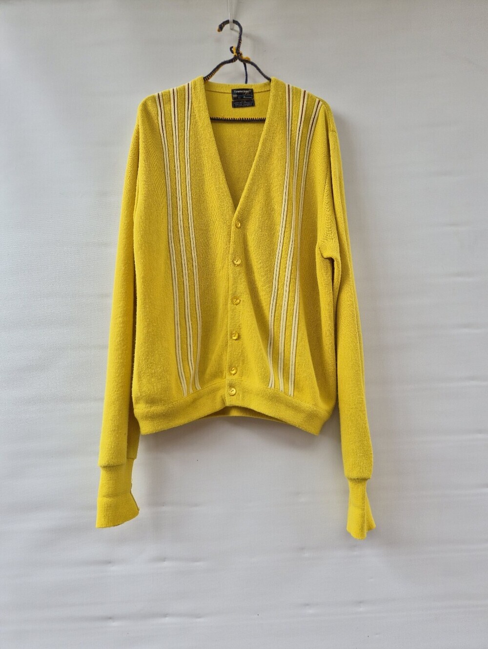 Vtg 60s Towncraft Plus Cardigan Sweater L Yellow Striped Mod Grunge Grandpa Core